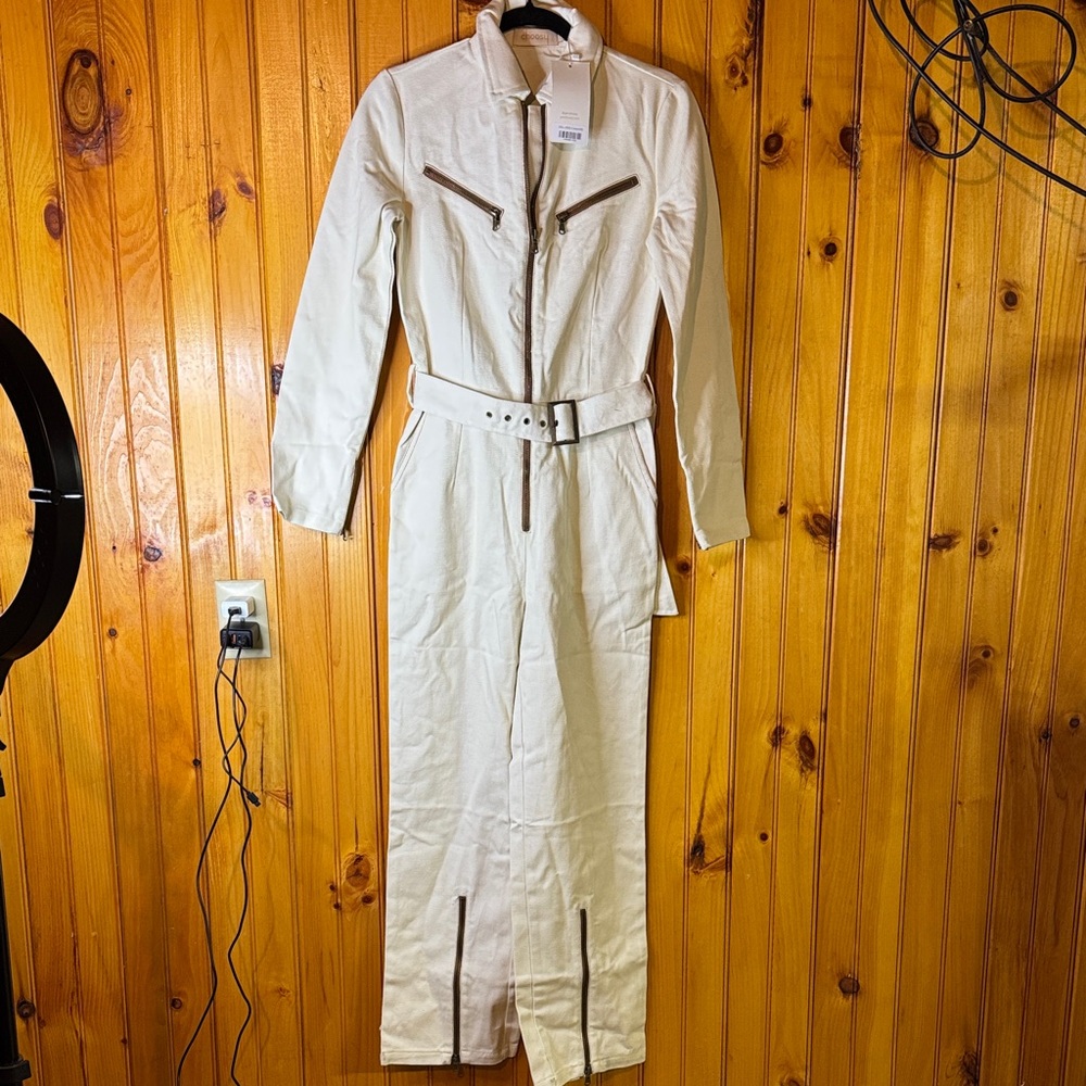 Choosy Elegant Cream Denim Belted Jumpsuit - Picture 1 of 7